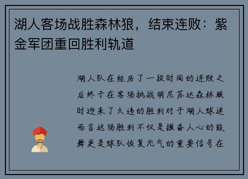 湖人客场战胜森林狼，结束连败：紫金军团重回胜利轨道
